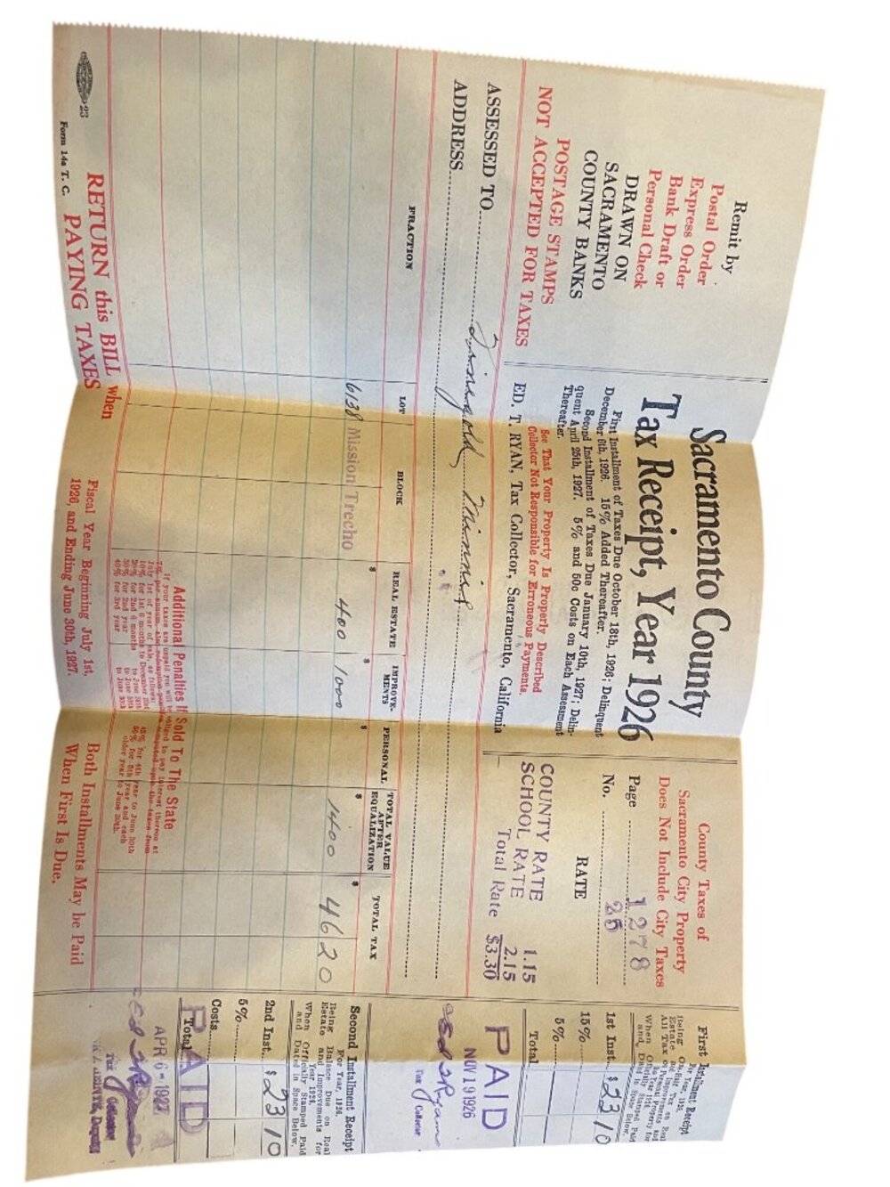 Sacramento County 1926 Tax Receipt & Envelope Vintage Historical Document